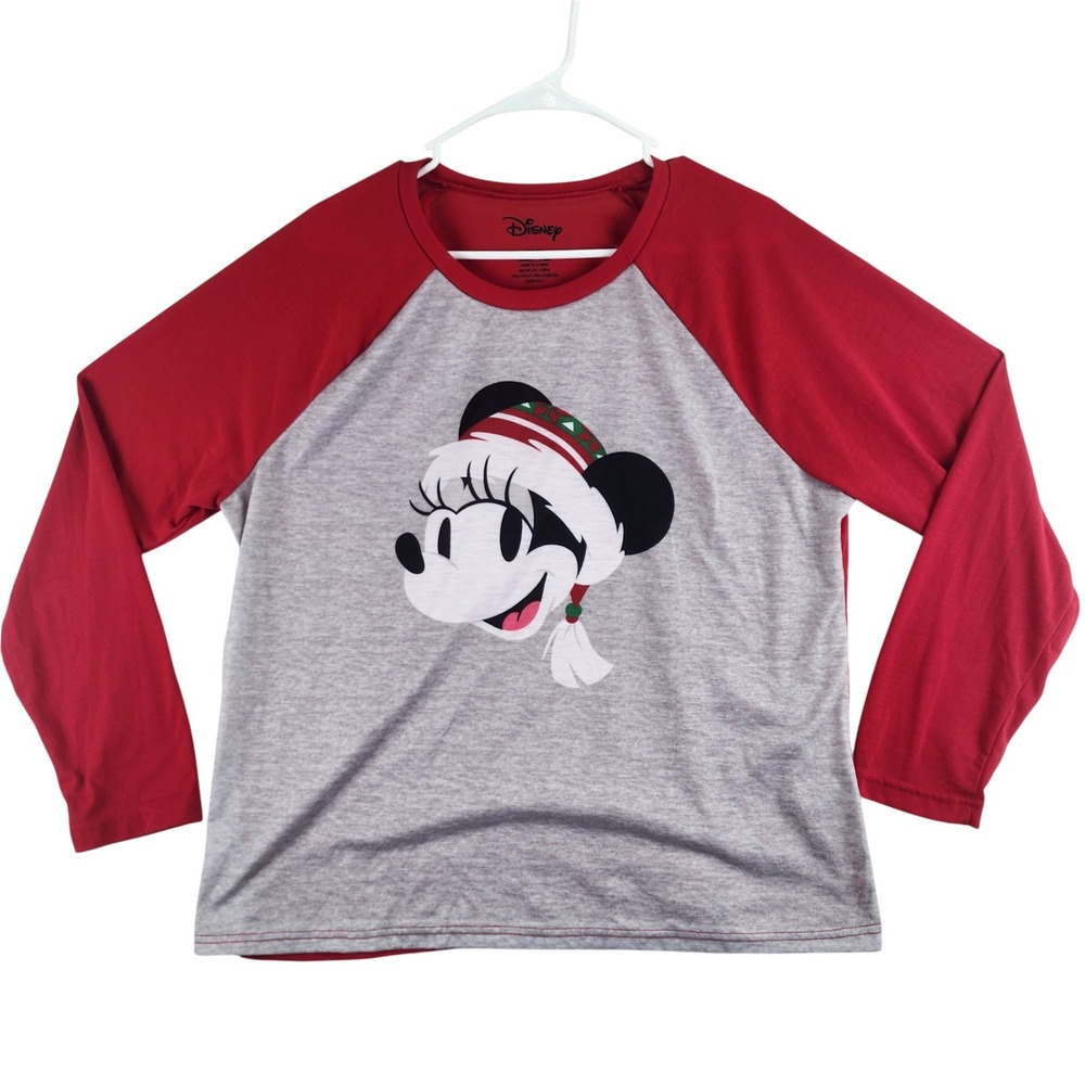 Disney Minnie Mouse Christmas Raglan Long Sleeve Shirt Red Gray XXL‎ RN82457